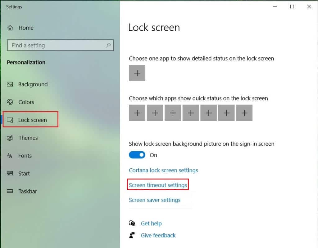 vai alla schermata di blocco e fai clic sulle impostazioni di timeout dello schermo Windows 10