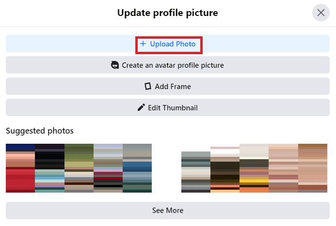 Sélectionnez une image parmi les suggestions de Facebook ou cliquez sur Télécharger une photo pour sélectionner une image sur votre ordinateur