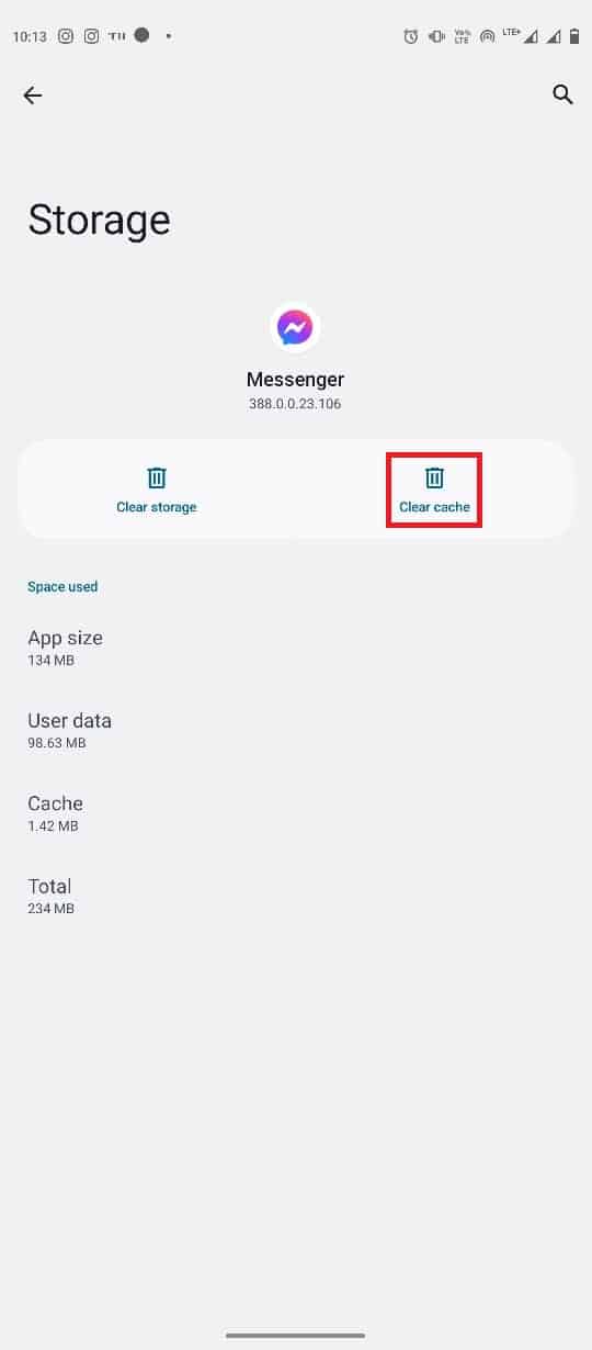 حدد موقع وانقر على زر مسح ذاكرة التخزين المؤقت. إصلاح غير قادر على تغيير صورة ملف تعريف Messenger على Android