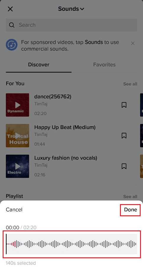 Ajuste el control deslizante para recortar el sonido y toque Listo | Cómo recortar el sonido en TikTok