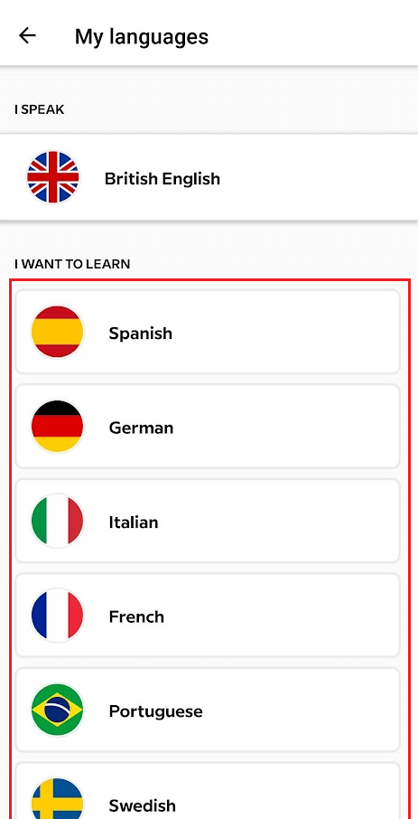 Appuyez sur Choisir une langue pour sélectionner la langue que vous souhaitez apprendre sur cette application | comment fonctionne l'application linguistique Babbel