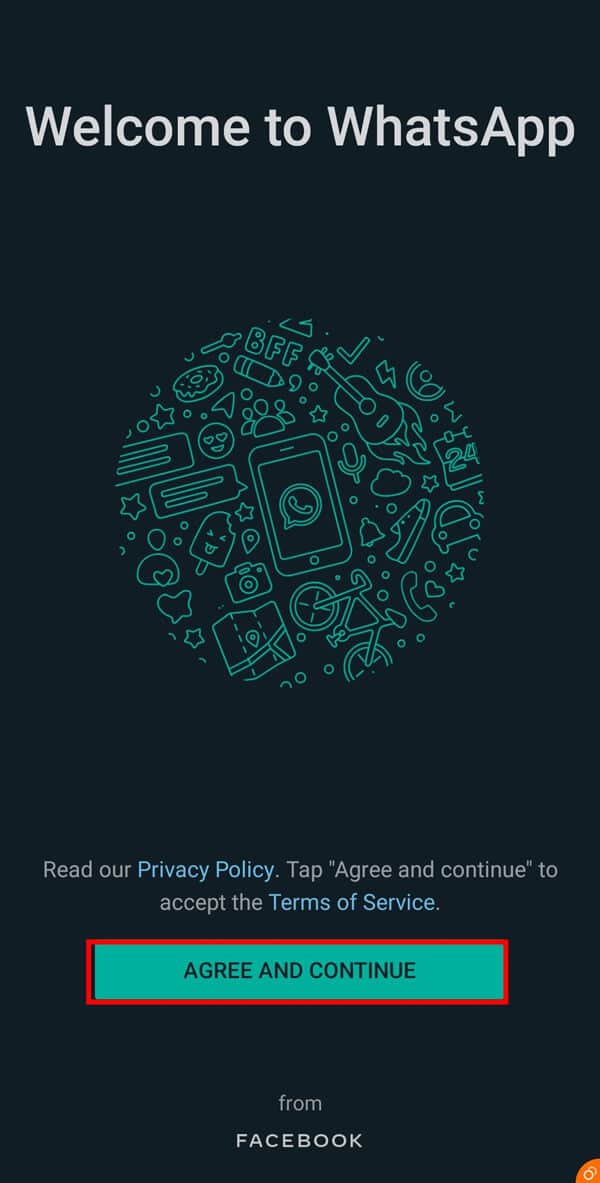Inicie o “WhatsApp” e toque no botão Concordar e continuar na página de boas-vindas.