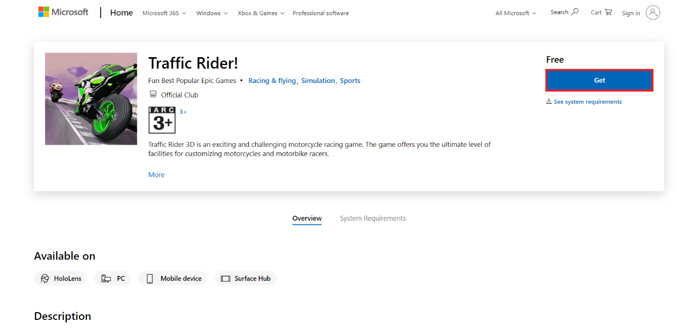 Download-Seite von Traffic Rider