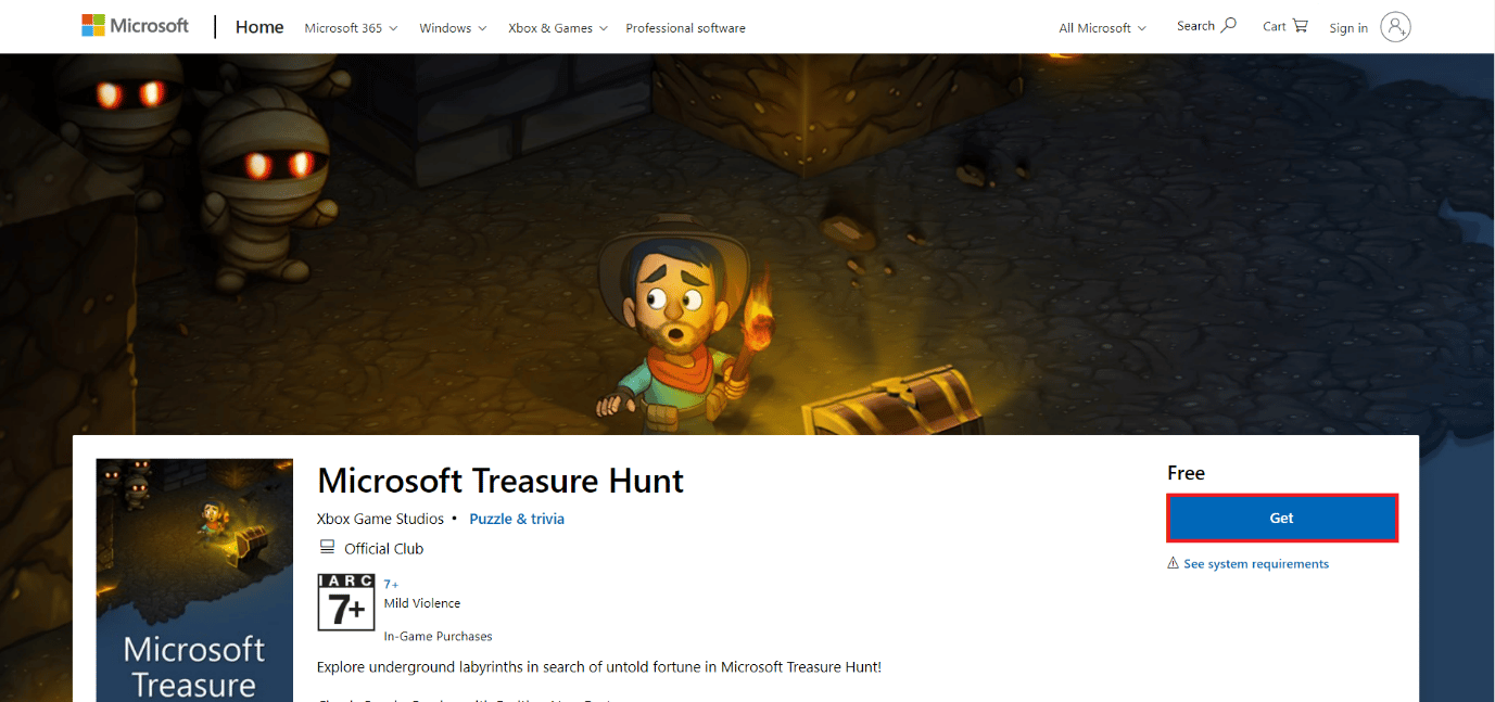 หน้าดาวน์โหลดของ Microsoft Treasure Hunt