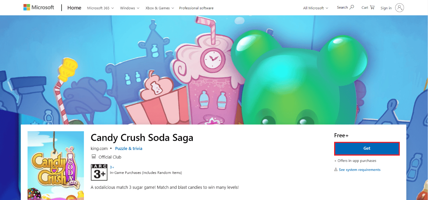 страница загрузки Candy Crush Soda Saga. 50 лучших бесплатных игр для Windows 10 для скачивания