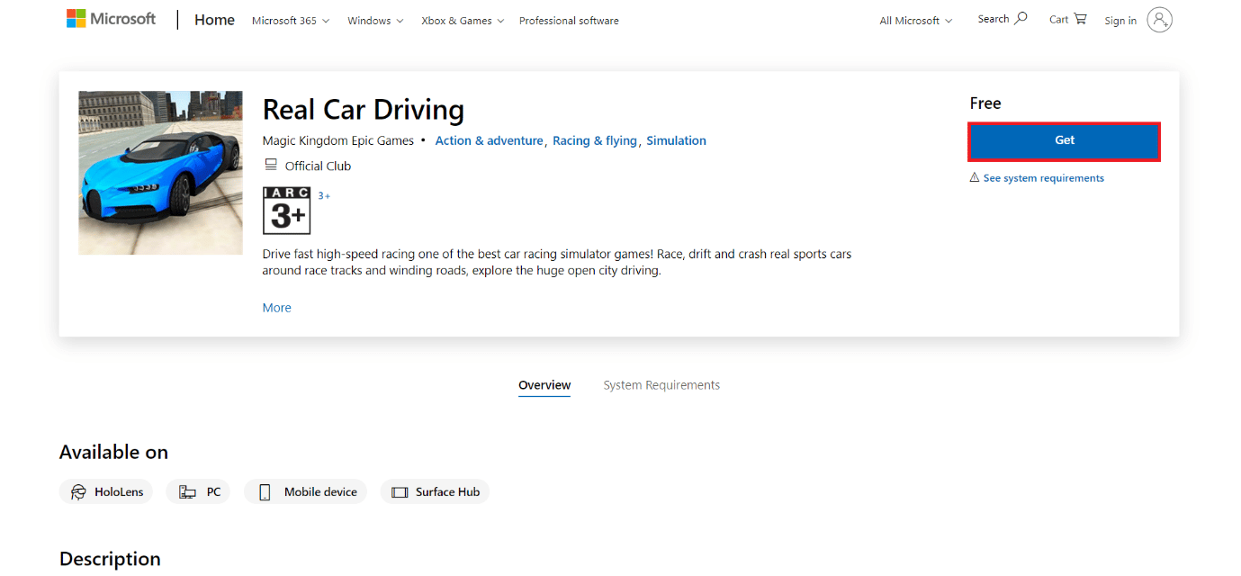 página de download do Real Car Driving