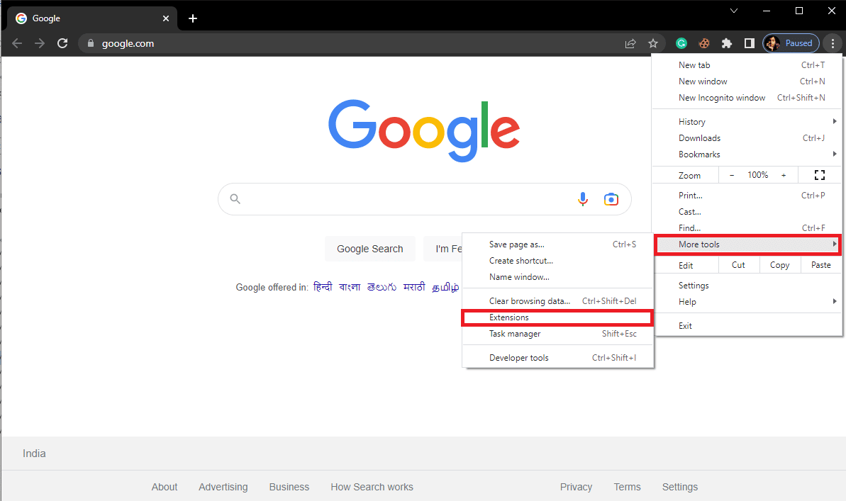 klik Lebih Banyak Alat lalu klik Ekstensi. 11 Cara Teratas untuk Memperbaiki Kesalahan Gagal Pemindaian Virus di Google Chrome