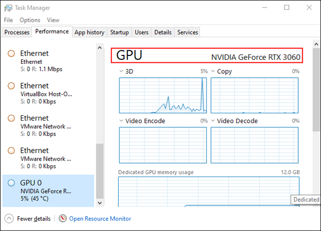 タスク マネージャーを開き、[GPU] を選択します。