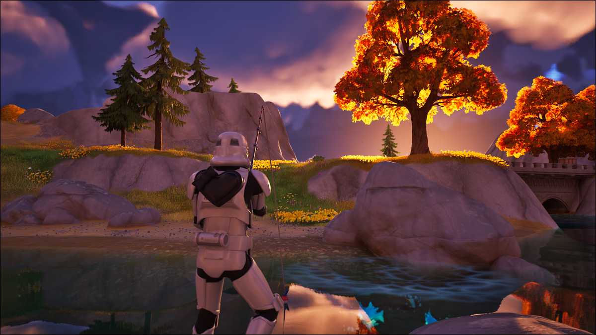 Un Stormtrooper pescuind într-un râu la răsăritul soarelui. Fortnite în Unreal 5.1. Antet.