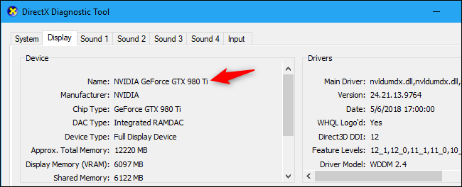 A GPU exibida na ferramenta de diagnóstico do DirectX.