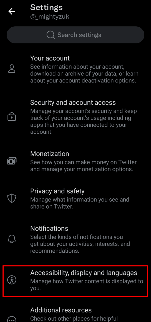 ในการตั้งค่า ให้แตะการช่วยสำหรับการเข้าถึง การแสดงผล และภาษา | ฉันสามารถปิด Double Tap Like ใน Twitter ได้ไหม
