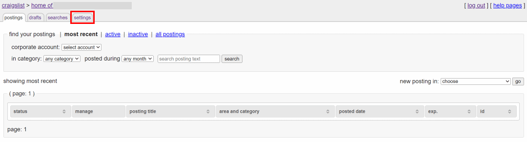 Haga clic en la pestaña de configuración | Cómo eliminar una cuenta de Craigslist
