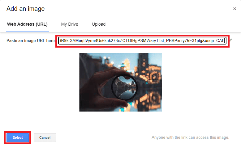 Copiez l'URL de l'image et collez-la dans l'option Coller une URL d'image ici, puis cliquez sur l'option Sélectionner