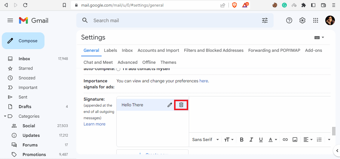 İmzayı sil simgesine ve ardından Sil | Gmail imza resimleri görüntülenmiyor