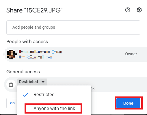 Clique em Qualquer pessoa com o link e, em seguida, clique em Concluído | As imagens de assinatura do Gmail não são exibidas