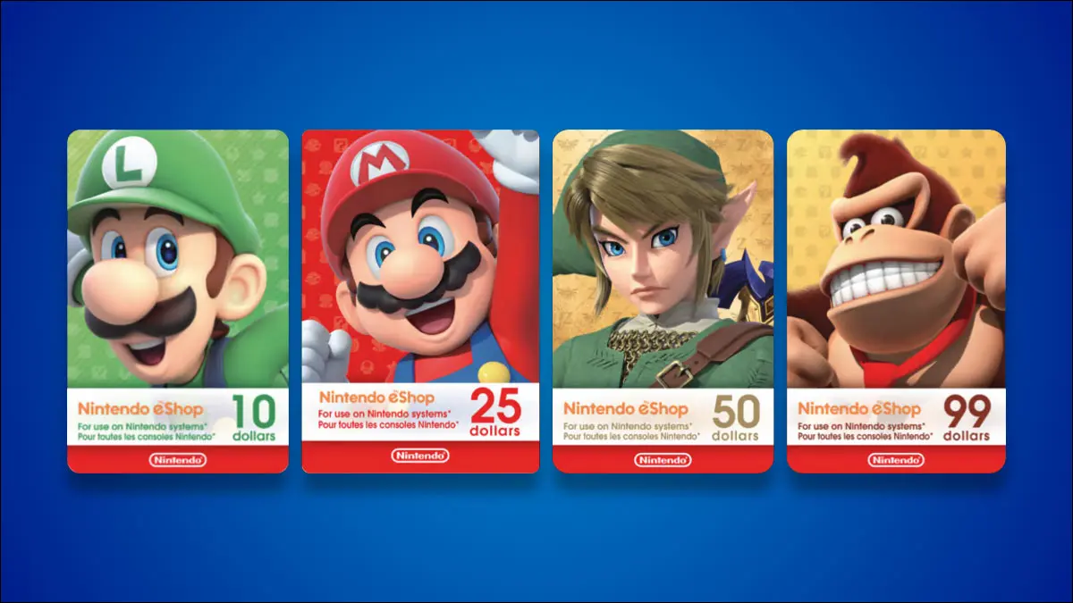 บัตรของขวัญ Nintendo หนึ่งแถวบนพื้นหลังสีน้ำเงิน