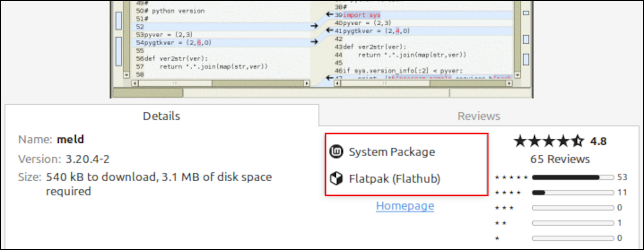 O gerenciador de software no Linux Mint 21.1 com o pacote nativo e as opções flatpak destacadas