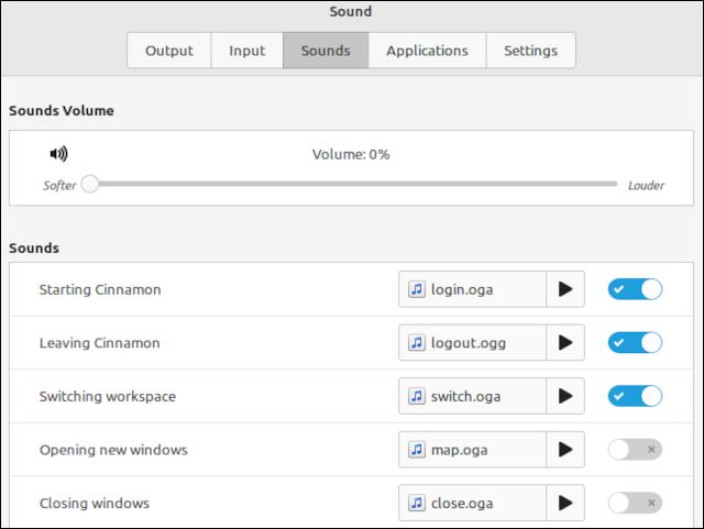 A tela de configurações de som do sistema no Linux Mint 21.1