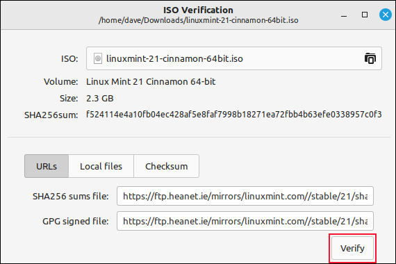 L'applicazione di verifica ISO di Linux Mint 21.1 con i campi checksum e firma GPG completati automaticamente