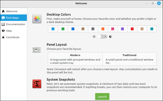 O aplicativo de boas-vindas do Linux Mint 21.1, aberto no painel "First Steps".