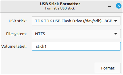 Linux Mint 21.1 USB 스틱 포맷터 애플리케이션