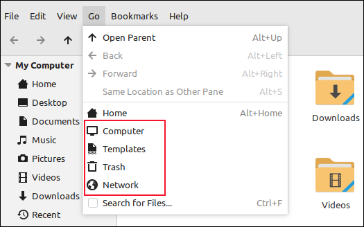 Otras ubicaciones enumeradas en el menú "ir" en el explorador de archivos de Nemo