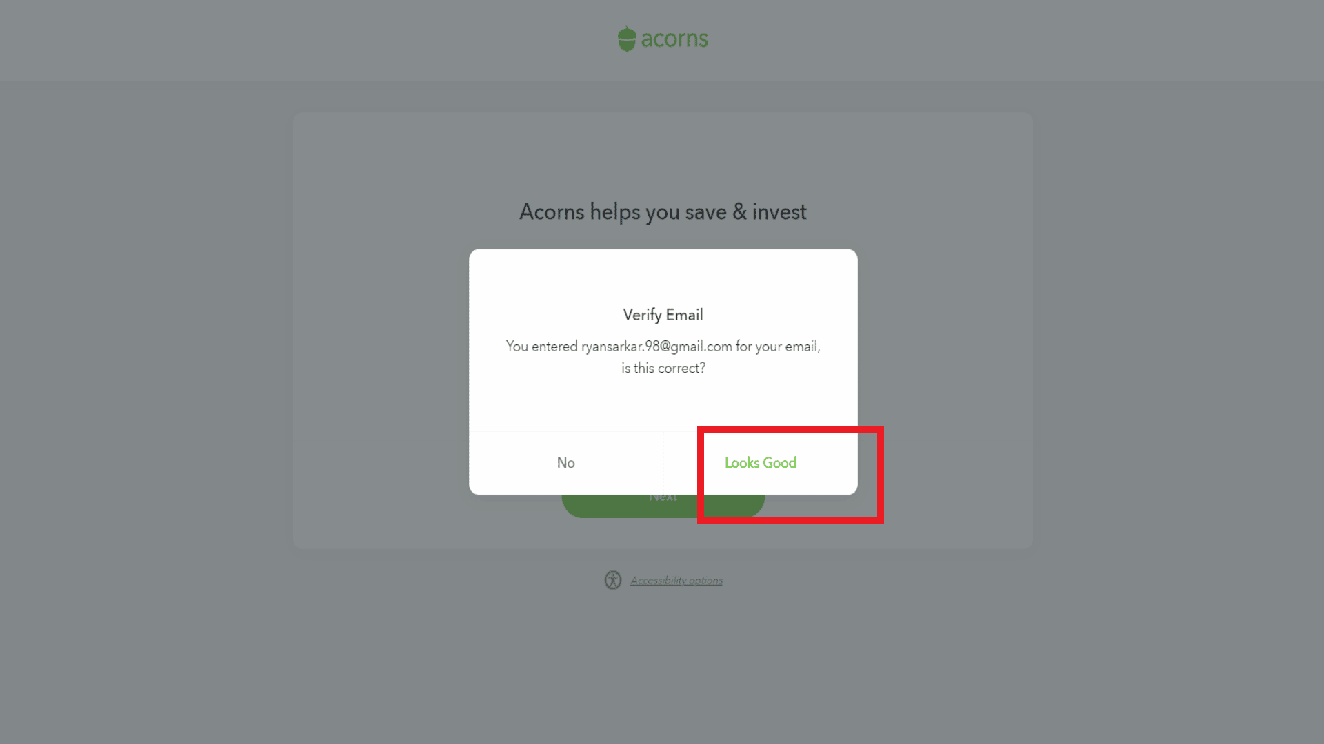 verifique seu e-mail | criar conta de investimento da Acorns