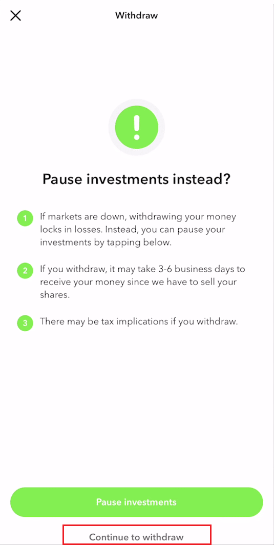 ketuk Penarikan - Lanjutkan penarikan | buat akun investasi Acorns