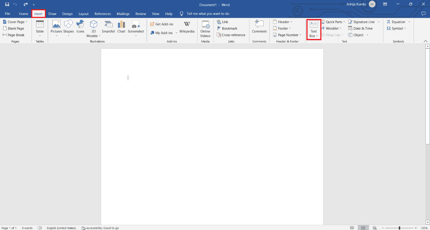 Desde la pestaña Insertar, inserte un cuadro de texto - voltear texto en Word