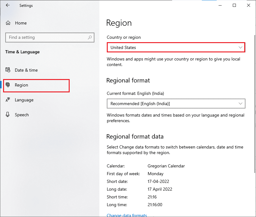 Wechseln Sie zur Registerkarte Region und wählen Sie in der Option Land oder Region die Option USA | Microsoft Store-Fehler 0x80073CFB