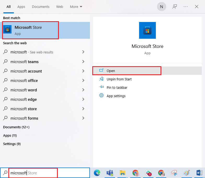 Vá para o menu de pesquisa e digite Microsoft Store. clique em abrir