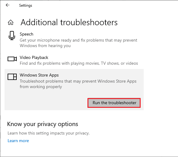 Wählen Sie Problembehandlung ausführen aus, um die Problembehandlung für Windows Store-Apps zu starten | Microsoft Store-Fehler 0x80073CFB