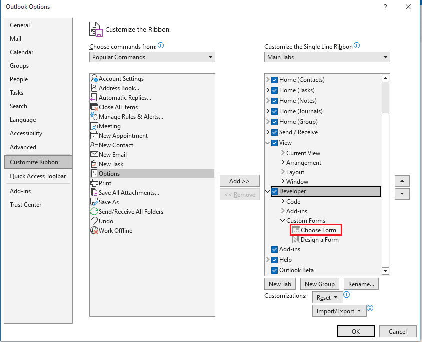 Form seç'e tıklayın, tüm Outlook 365'i yanıtlamayı devre dışı bırakın