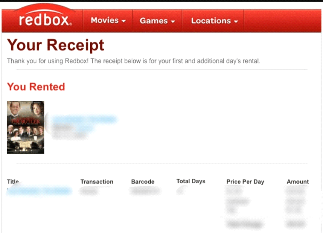 ใบเสร็จรับเงิน | คืนภาพยนตร์ Redbox หลังจาก 25 วัน