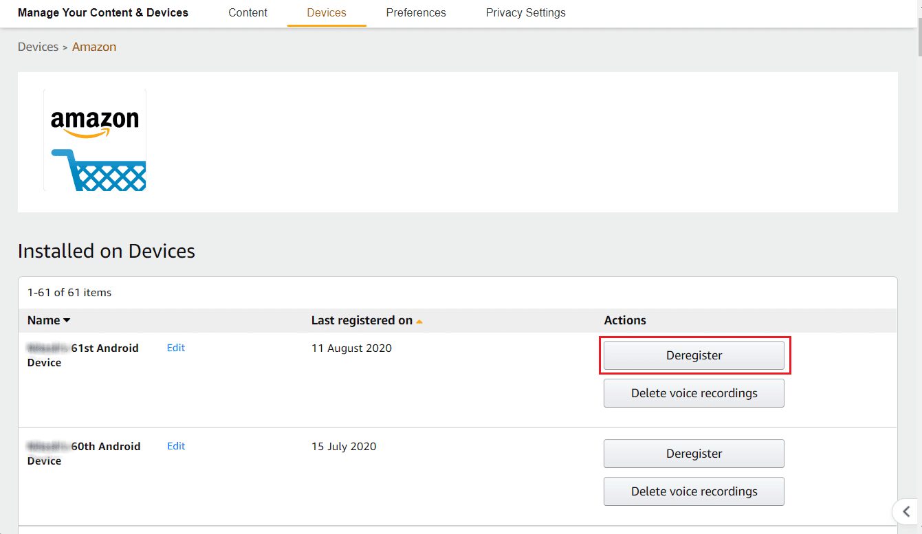 istenen cihazın yanındaki Kaydı Sil'e tıklayın | Amazon'da kayıtlı cihazınızı değiştirin