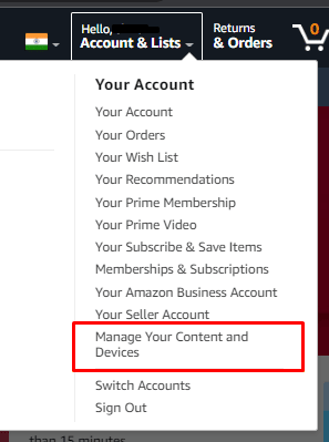 Dal menu a discesa, seleziona l'opzione Gestisci i tuoi contenuti e dispositivi. | cambia il tuo dispositivo registrato su Amazon