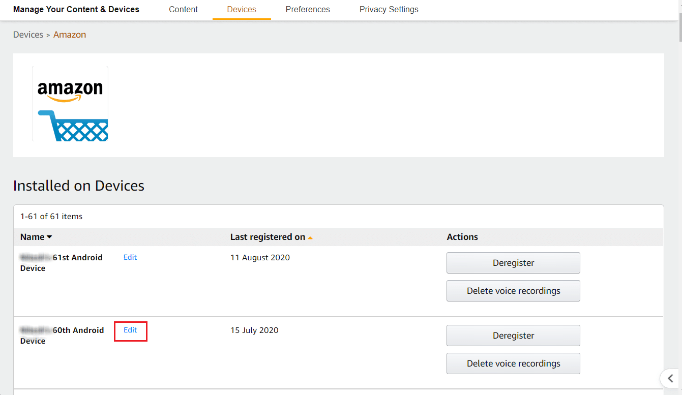 Dari perangkat yang diinginkan, klik opsi Edit | ubah perangkat terdaftar Anda di Amazon