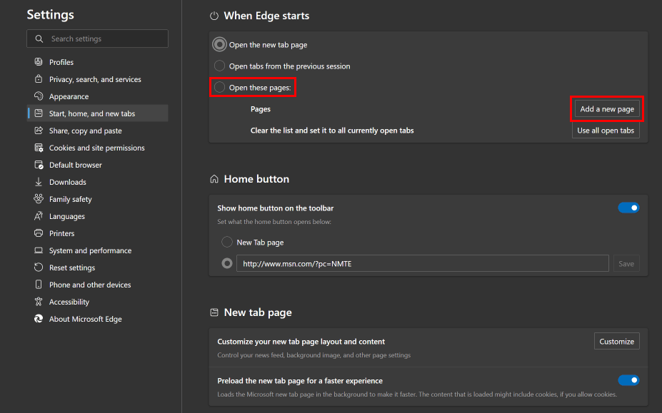 Kliknij Otwórz te strony, a pod nim kliknij Dodaj nową stronę. | Jak przywrócić stronę główną MSN