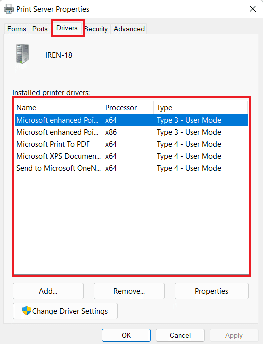 Di tab Driver periksa driver printer yang diinstal