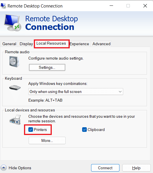 ใน Local Resources เลือก Printers | เครื่องพิมพ์ท้องถิ่นไม่แสดงในเดสก์ท็อประยะไกล