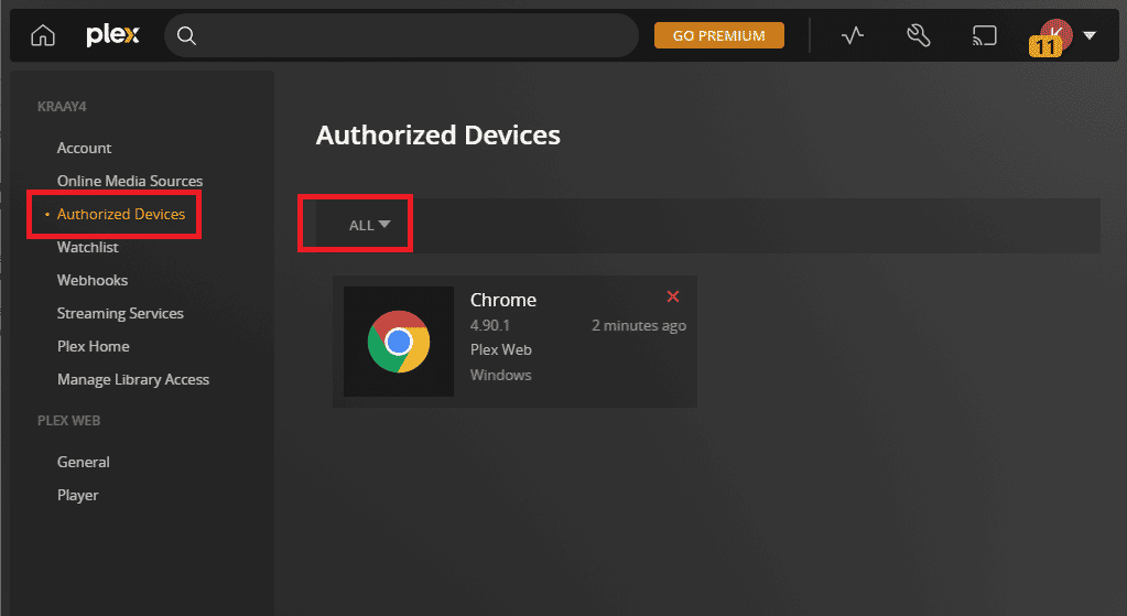 Authorized Devices を選択し、ALL | をクリックします。ビデオを再生しようとしているときに Plex でエラーが発生しました