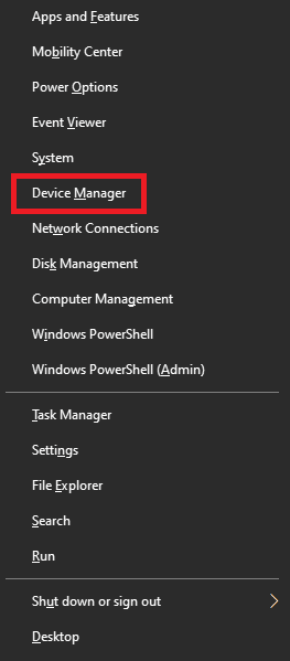 La tecla de Windows y la tecla X hacen clic en el administrador de dispositivos