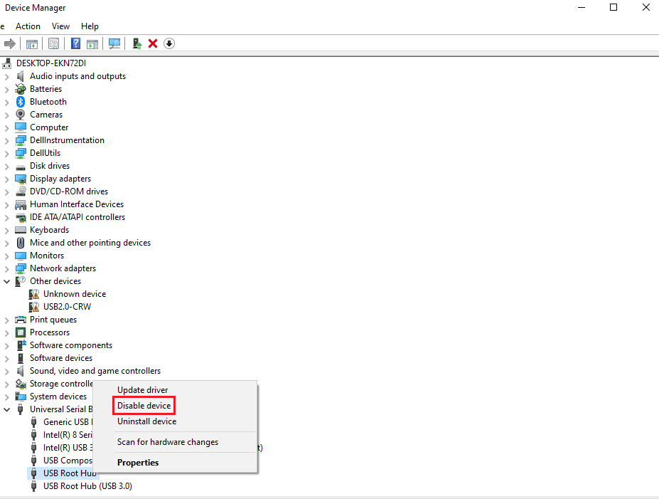 Faceți clic dreapta pe fiecare hub USB Root Faceți clic pe Disable device | Remedierea sistemului întrerupe 100 de procesoare Windows 10