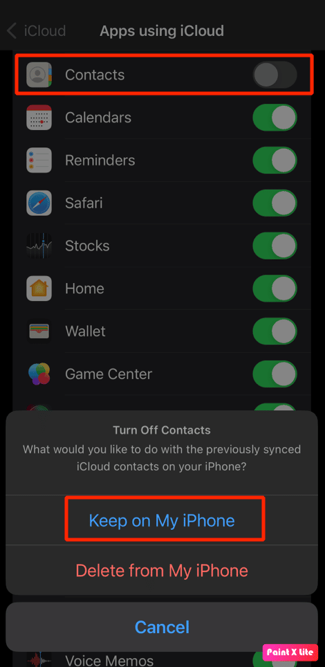 Schalten Sie die Kontaktoption aus und tippen Sie auf Auf meinem iPhone behalten