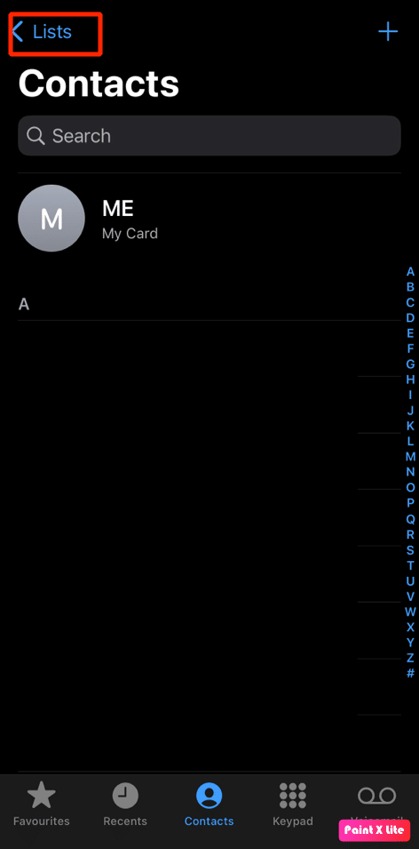 toque en la opción de listas | Cómo arreglar todos los nombres de contactos desaparecidos en iPhone