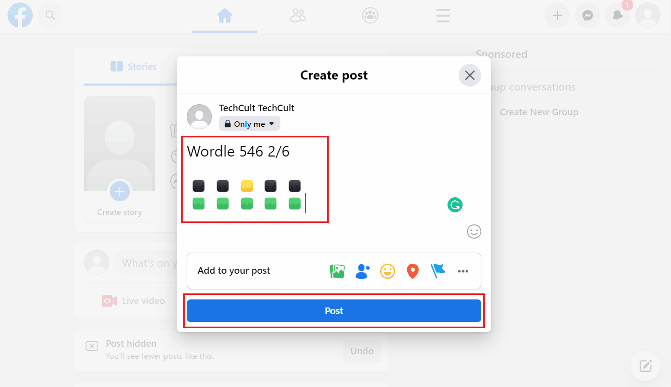 วางผลลัพธ์ที่คัดลอกแล้วคลิก โพสต์ | วิธีโพสต์ผลลัพธ์ Wordle บน Facebook