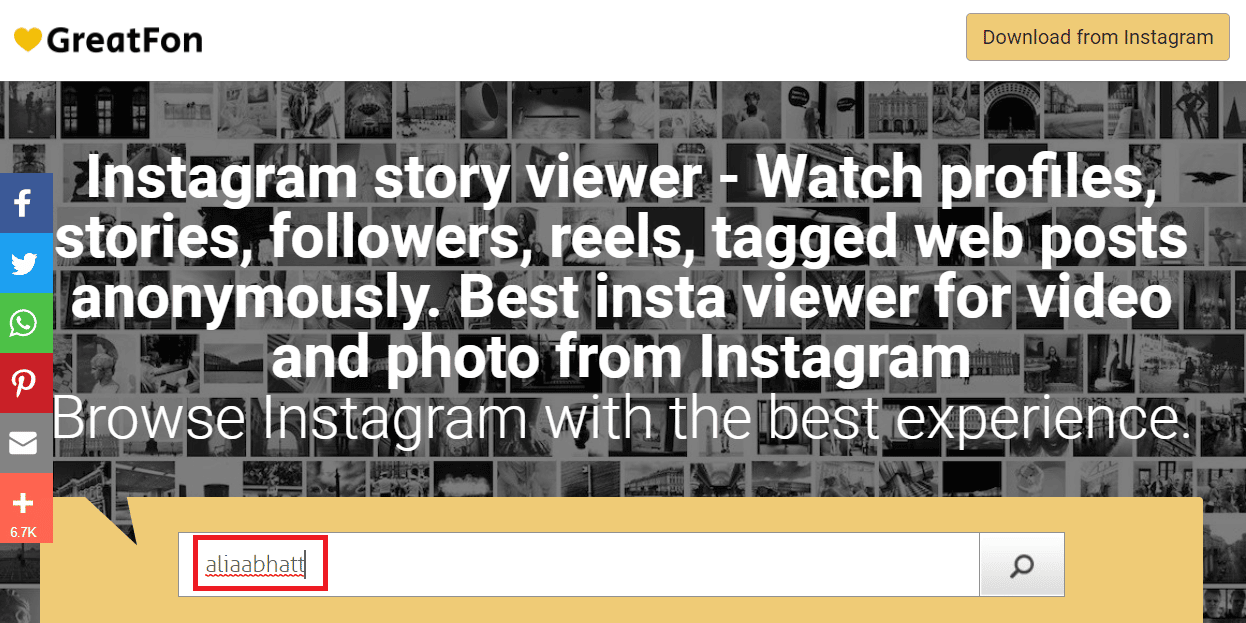 Inserisci il nome utente del profilo desiderato su GreatFon | visualizzare i post e le storie di Instagram senza un account