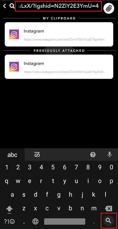 W pasku wyszukiwania wpisz lub wklej link do historii – dotknij ikony lupy | Jak ponownie opublikować filmy z Instagrama w historii Snapchata