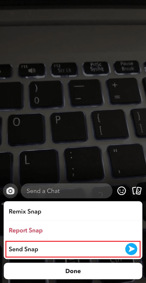 stuknij w Wyślij Snap z menu podręcznego | Jak ponownie opublikować filmy z Instagrama w historii Snapchata