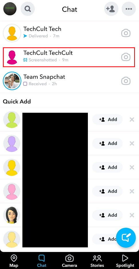 Tocca la scheda Chat: la tua chat di Snapchat